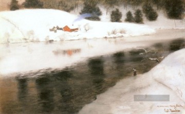  Norwegische Malerei - Winter in Simoa Fluss Impressionismus norwegische Landschaft Frits Thaulow